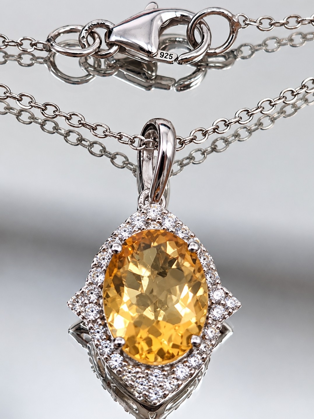 Sterling Silver 2.63 Ct Citrine Necklace, Pendant White Zircon
